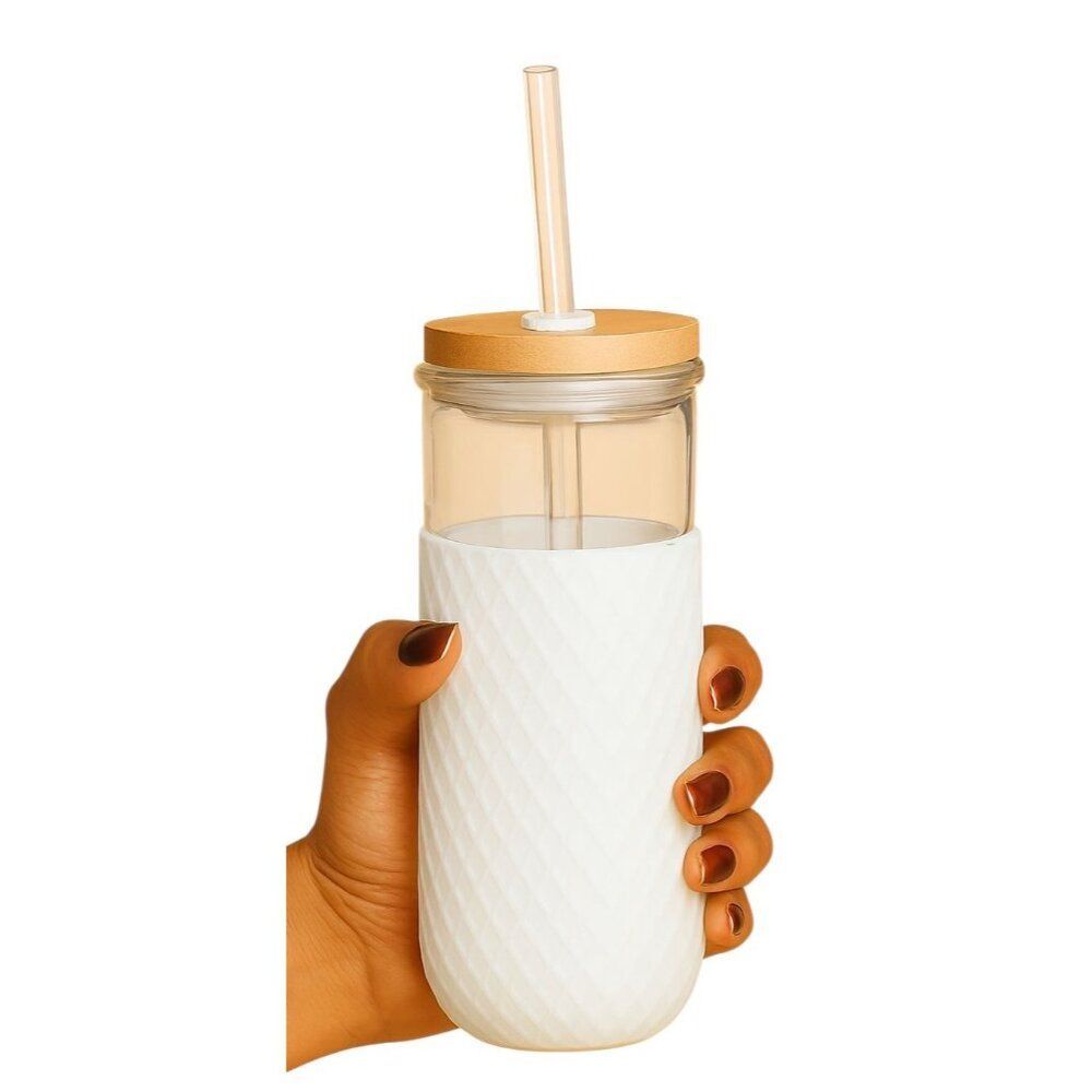 Ello Devon Glass Tumbler White Silicone Sleeve Wooden Lid Straw Container 18 OZ